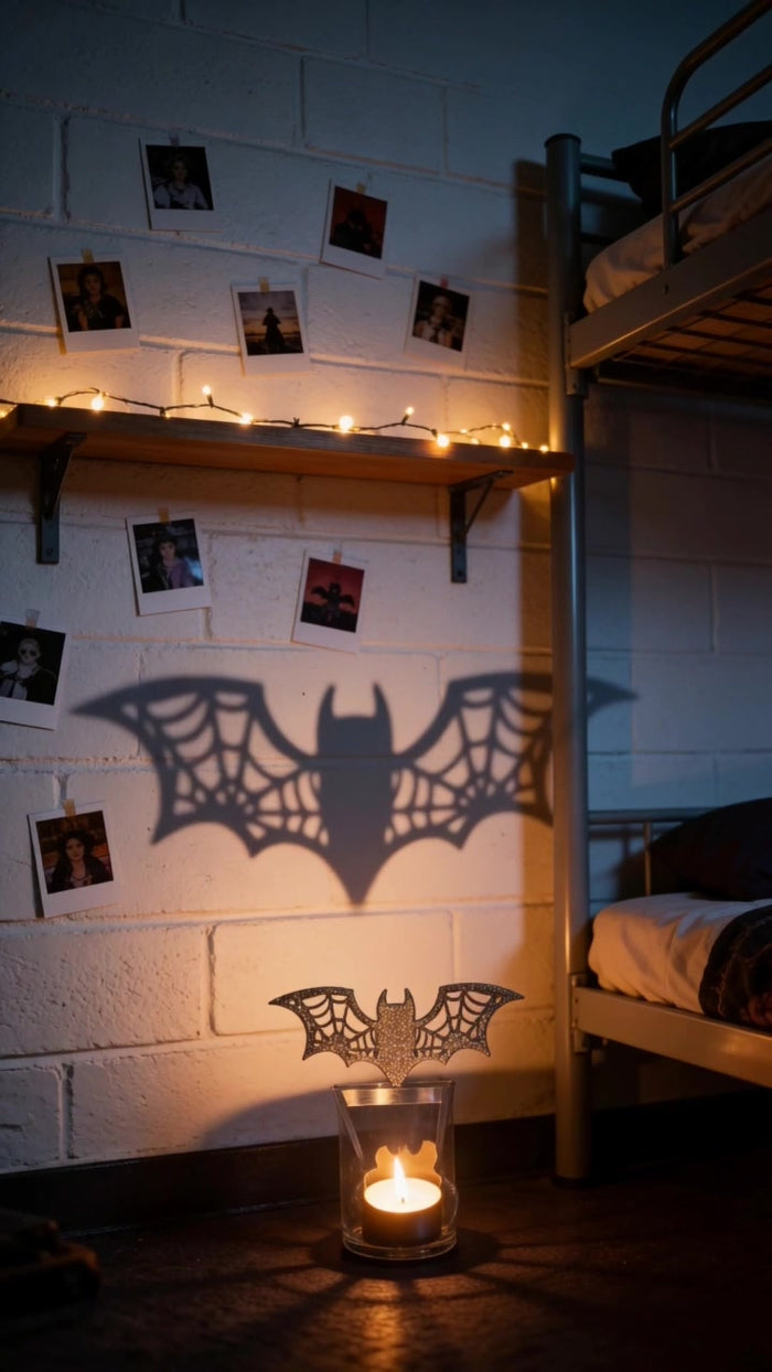 Bat shadow candle holder casting spiderweb bat wings across a bedroom wall