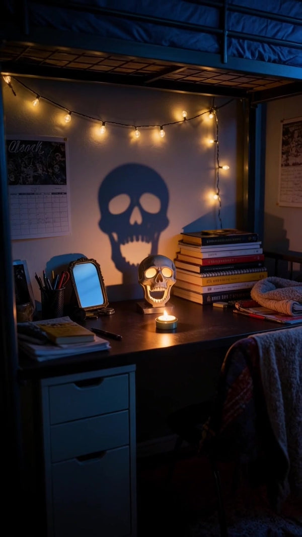 Skull shadow candle holder on a desk throwing a huge skull shadow over the wall