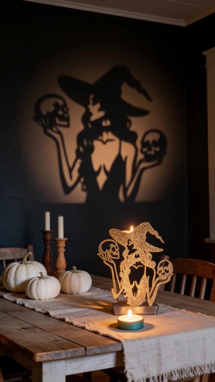 Dining table centerpiece shadow candle holder projecting a witch holding two skulls across the wall