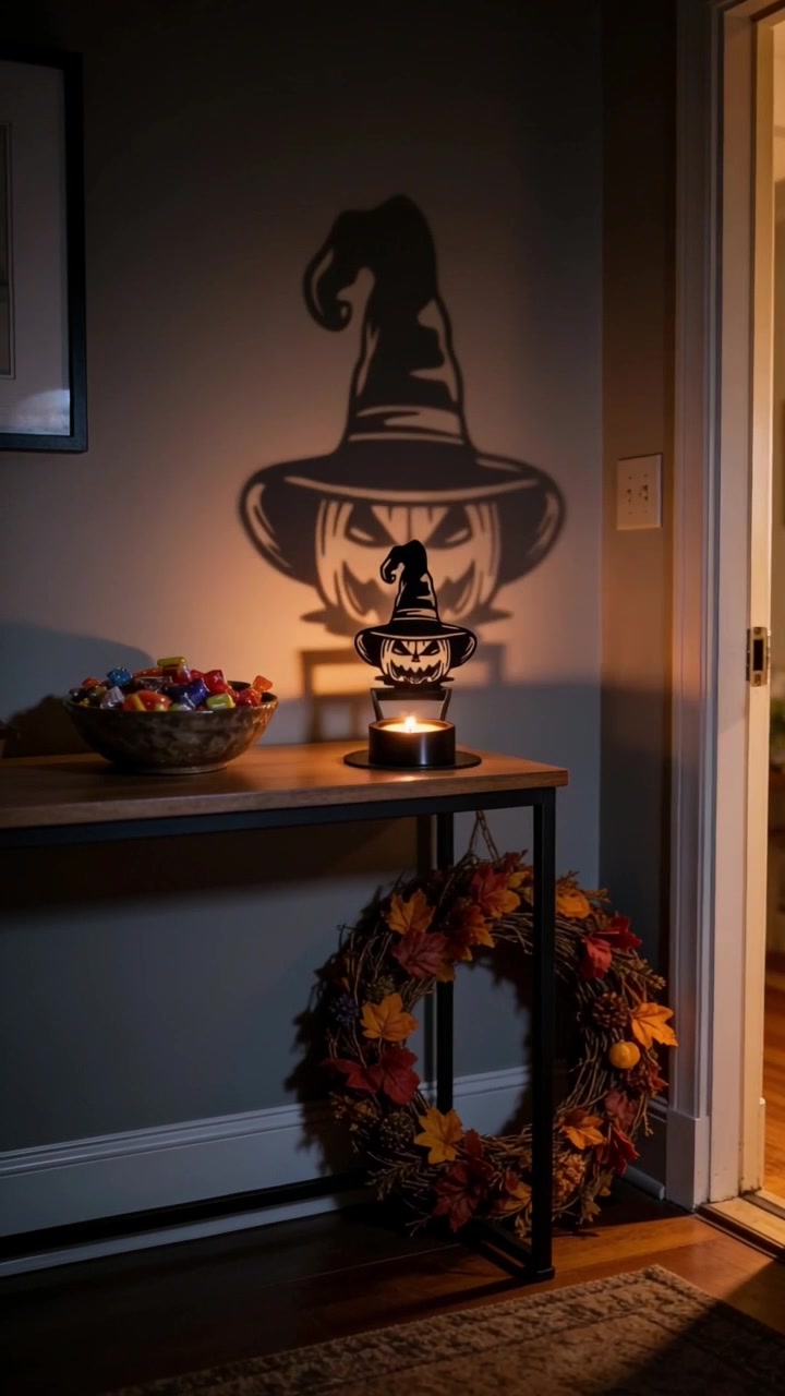 Entryway console with a pumpkin in a witch hat shadow candle holder lighting the wall