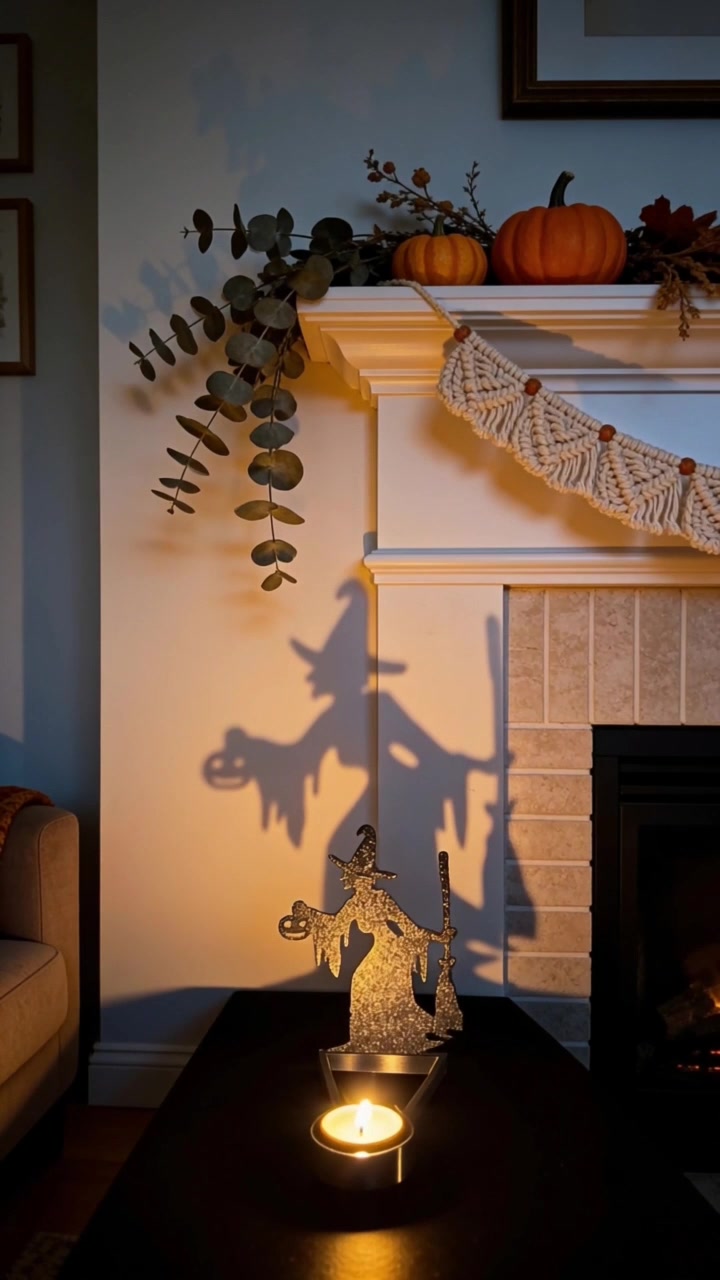 Wide view of a Halloween mantel lit by a single shadow candle holder