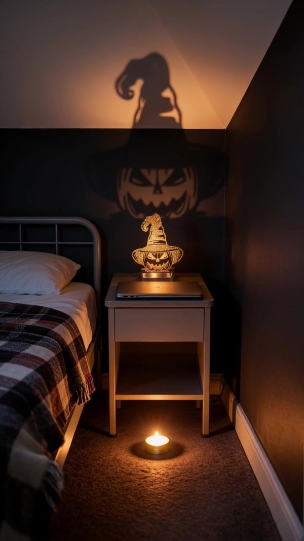 Jack-o-lantern shadow candle holder on a nightstand beside a bed