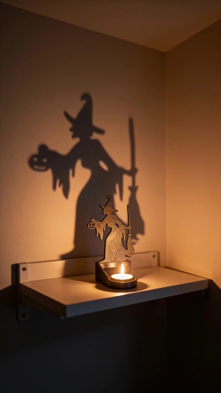 Broom witch shadow candle holder on a floating shelf in a rental apartment